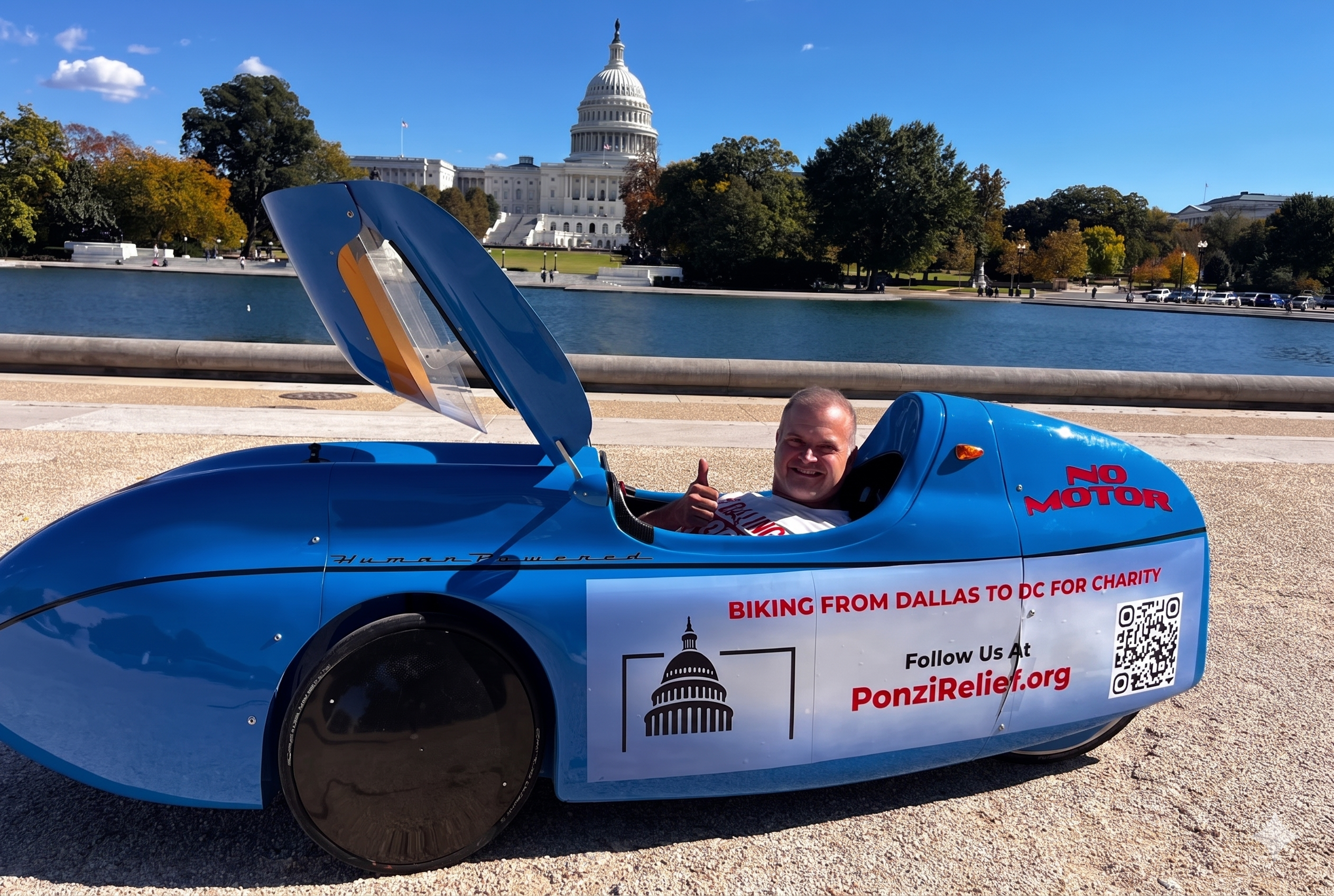 Aaron Novinger pedaling against Ponzi 2000 mile charity ride from Dallas to D.C.